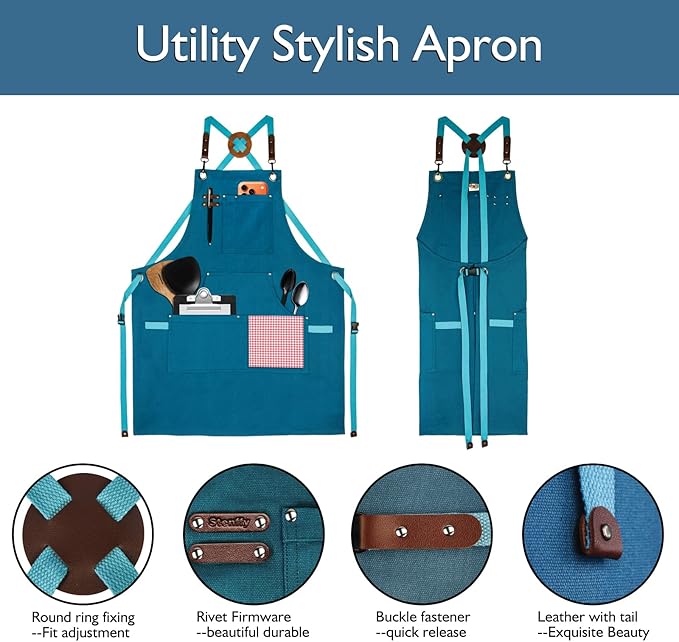 5 Pack Kitchen Apron, Work Apron, Canvas, Multiple Pockets, Gardening, Painting, BBQ, Artist, Carpenter, Sizes M to XXL, Blue