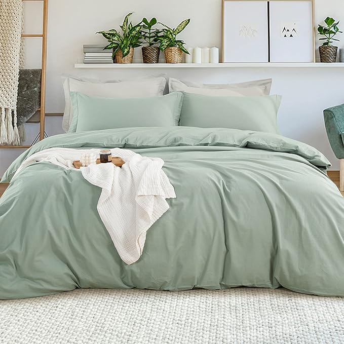 EMME 100% Washed Cotton Duvet Cover Twin Size Sage Green, 2-Piece Soft Comforter Cover Linen Like Bedding Set, No Comforter, 68x90 Inches (Sage Green, Twin)