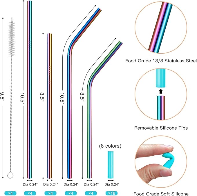 StrawExpert Set of 16 Reusable Stainless Steel Straws with Travel Case Cleaning Brush Silicone Tips Eco Friendly Extra Long Metal Straws Drinking for 20 24 30 oz Tumbler, Rainbow