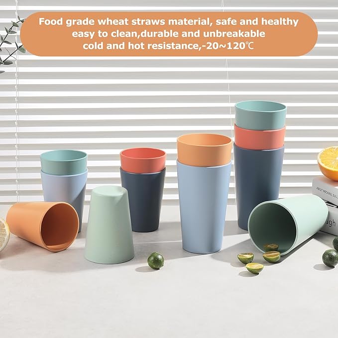 HEYCOME Set of 12 Wheat Straw Cups, 6 Pcs 20 oz & 6 Pcs 12 oz Unbreakable Drinking Cups, Reusable Plastic Cups Sets, Water Glasses Tumblers, Microwave & Dishwasher Safe, Bpa Free, 6 Colors