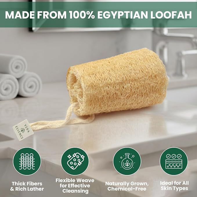 Natural Egyptian Loofah Sponge (Pack of 4) – Organic Bath Luffa for Gentle Exfoliating, Deep Cleansing & Smooth Skin, Natural Shower Sponge for Women & Men