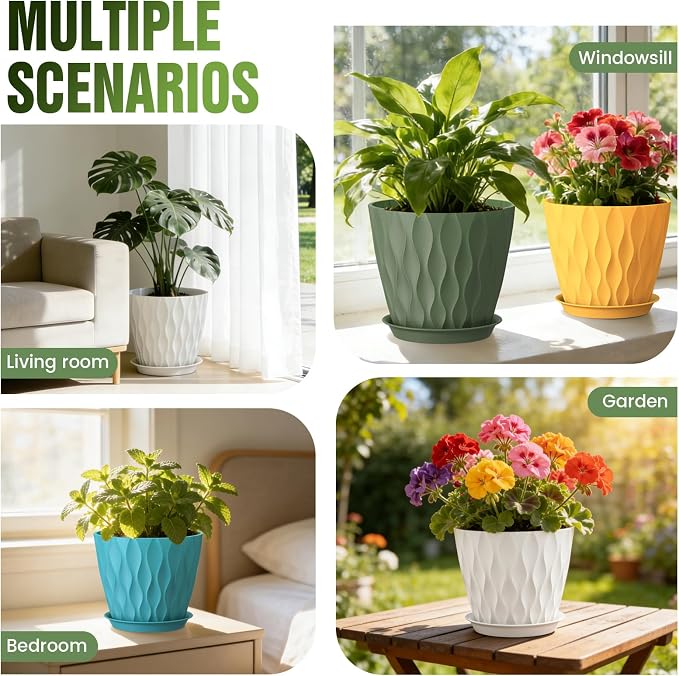 8 Inch Plant Pots 4 Pack Plastic Planters with Drainage & Saucers | 8 inch 4 pack plastic plant pots with 3D water ripple texture, drainage holes and saucers for indoor outdoor plants