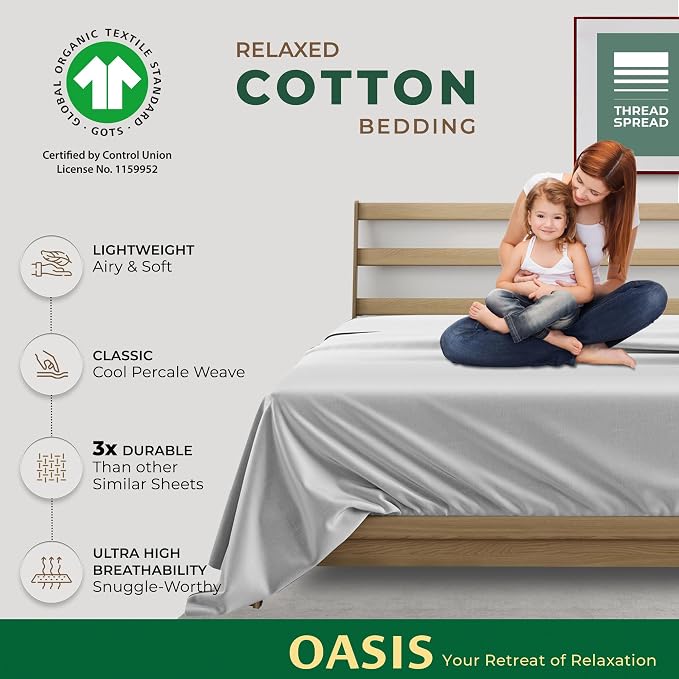 THREAD SPREAD 100% Organic Cotton Flat Sheet Queen Size - Percale Weave Cotton Flat Sheet Only (1 PC, Light Grey), Crisp, Cool & Breathable Lightweight Bed Linen Top Sheets, GOTS Certified Sheets