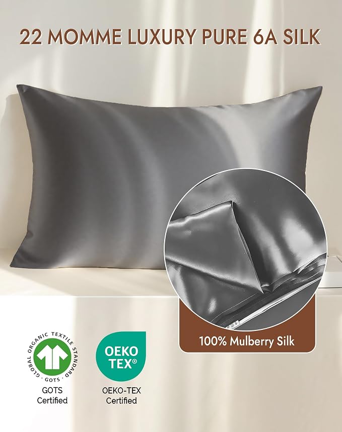 SilkSilky 100% Mulberry Silk Pillowcase - Pure 22 Momme High-Grade 6A Fibers for Hair & Skin, Hidden Zipper, Natural, Organic, Breathable & Cooling Pillow Case (King 20''x36'', Darkgray)