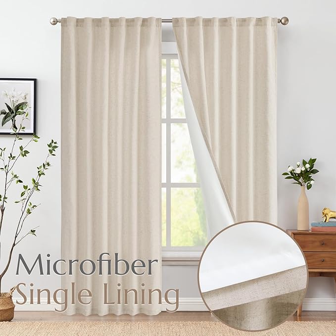jinchan Extra Wide Sliding Door Curtain 84 Inch Length with White Privacy Lining Natural Linen Lined Curtains for Patio Door Living Room Bedroom Light Filtering Drapes 100 Inches Wide 1 Panel
