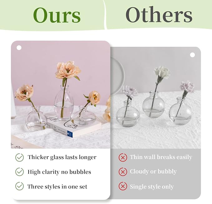 Glasseam Clear Glass Bud Vase, 3Pcs/Set Modern Decorative Small Mini Flowers Vases Short Minimalist Aesthetic Home Decor Vintage Cute Handmade Tiny Wedding Table Centerpieces for Single Flower Rose
