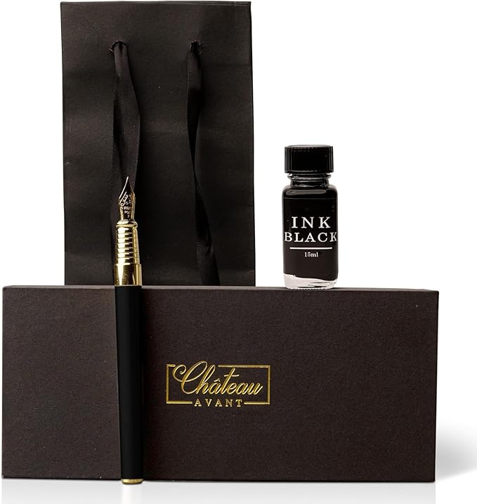 Château Avant Fountain Pen Set | Refillable Black Fountain Pen with Black Ink Bottle, Fine Nib, and Converter | Smooth Writing Gift Set for Beginners, Men, and Women