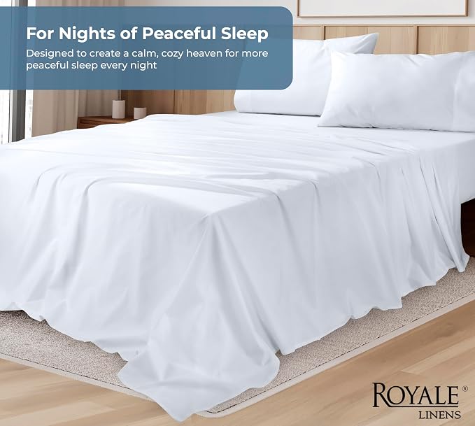 ROYALE LINENS 100% Organic Cotton King Sheet Set - Percale Weave - 4 Pieces Set - 1 Flat, 1 Deep Pocket Fitted Sheet and 2 Pillowcases - White Bed Sheets - Sábanas King - Crisp Cool (White)