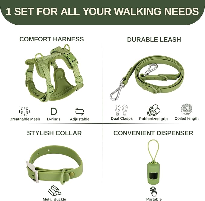4-in-1 No Pull Dog Harness Set with Collar, Leash, Poop Bag, Adjustable, M