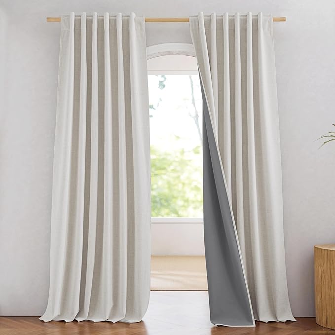 NICETOWN Alabaster Gray Vintage Linen 100% Blackout Curtains for Living Room, Thermal Insulated Curtains 84" Long, 52" Wide Per Panel, Set of 2, Noise Reducing Window Treatment Drapes for Hall Room