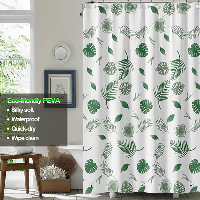 Plastic Shower Liner - Premium PEVA 4G Shower Curtain Liner with Rustproof Grommets and 3 Weighted Magnets, Waterproof Shower Curtains for Bathroom (Green Leaf)