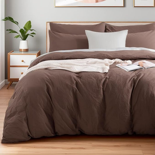 NEXHOME PRO Full Duvet Cover Set – 100% Certified Organic Cotton with Washed Feel & Linen-Like Texture, Comfortable & Breathable, Home Bedding Set Dark Brown (No Comforter)