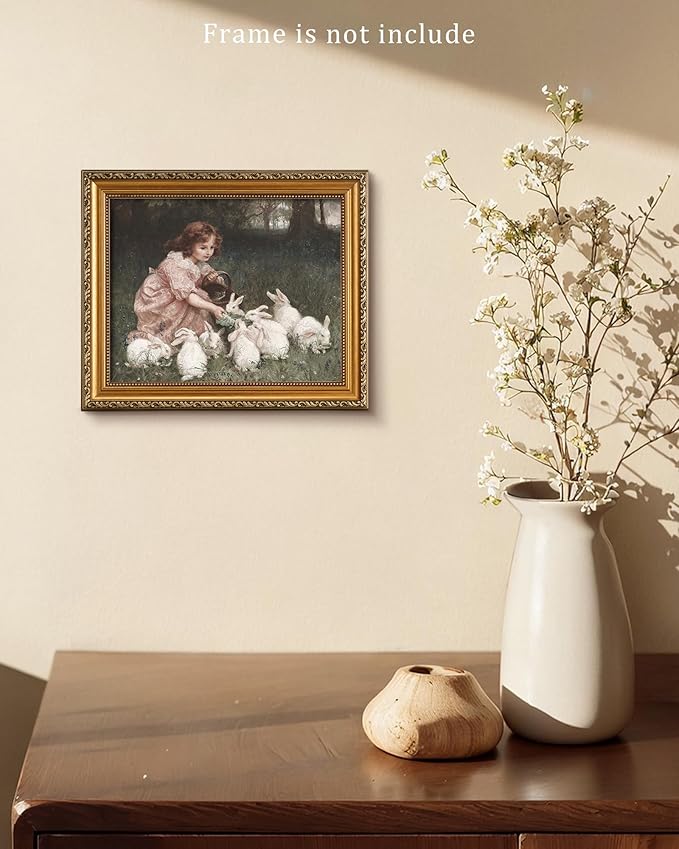 Vodefoad Little Girl Feeding Bunnies Painting Art Vintage Easter Antique Rabbit Oil Painting and Child Wall Art Girl in Field With Rabbits for Nursery Gril Bedroom Gallery Bathroom Office Decor - 8x10Inch Unframe
