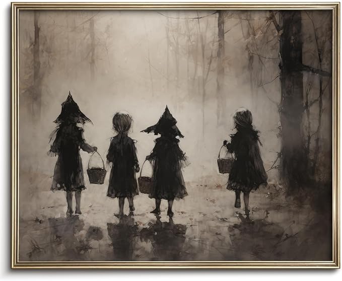 Halloween Vintage Trick or Treaters Wall Art Prints Halloween Wall Decor Trick or Treaters Canvas Autumn Prints Oil Painting Dark Academia Gothic Wall Decor for Gallery Living Room Bedroom (UNFRAMED 8x10in)