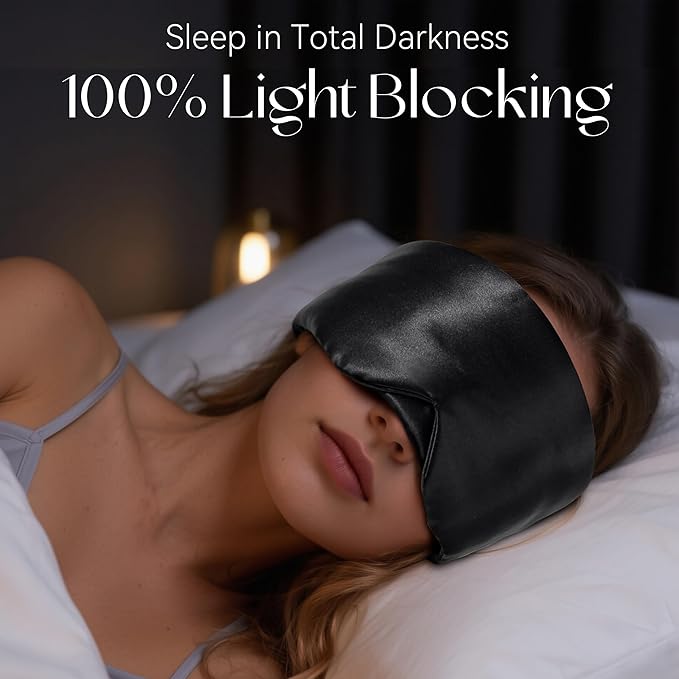 Silk Sleep Mask 22 Momme100% Mulberry Silk & 3.5cm Silk Hairband Set, Upgraded Light Blocking NosePad, Soft Wide Adjustable Strap, Comfortable Eye Mask for Men Women Home Travel (Black)