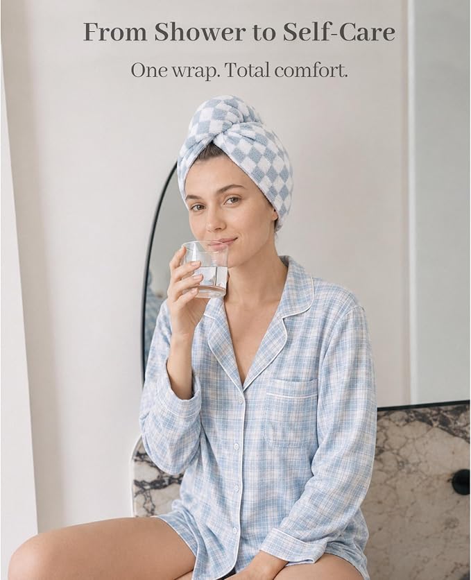 ROLSHOL Cotton Hair Towel Wrap for Women, 2 Pack 100% Cotton Hair Drying Towels for Long, Thick & Curly Hair, 32" x 11" Large Hair Turban for Wet Hair with Elastic Band (Blue)