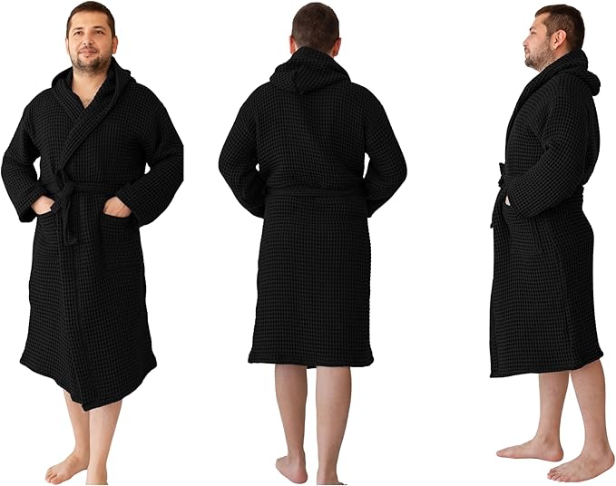 100% Turkish Cotton Men's Waffle Robe with Hooded, Premium Soft Cozy Housecoat or Quick-Dry Bathrobe for Mens