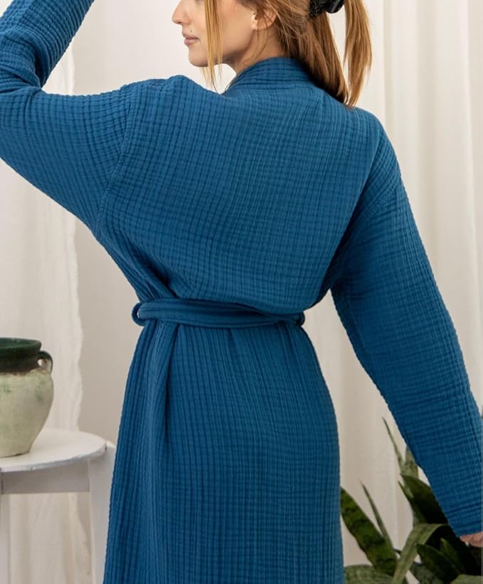 100% Cotton Muslin Kimono Robe for Women, Lightweight Gauze Bathrobe, Soft Breathable Spa Robe
