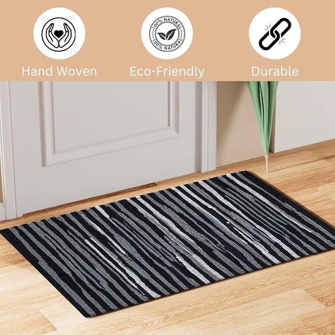 WeWove Hand Woven Chindi Rug Cotton - Boho Rustic Farmhouse Area Accent Throw Rug - Area Floor Carpet for Bedroom Living Room Kitchen Dorm Entryway Hallway - 20x32 inch Area Rug Black Multi