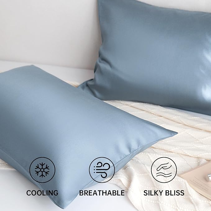 100% Tencel Pillowcase, Hair and Skin Friendly, Soft and Smooth，Cooling Silk Pillowcases for hot Sleepers,Queen Pillowcases Set of 2,Hair and Skin Friendly,Denim Blue, 20x30in