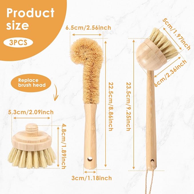 Bamboo Dish Brush Set of 3, Dish Brush Natural Bamboo Dish Scrub Brush Set with Handle, Wooden Dish Scrubber Kitchen Brush Set with Natural Bristles for Kitchen Cleaning Dish, Bottle, Pots, Pans