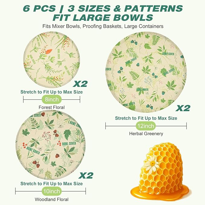 6 Pcs Beeswax Bowl Covers Reusable,Large Reusable Bowl Covers for Bread Proofing,Stretchable to Fit 8/10/12 Inch Bowls (2 Each),Beeswax Wraps for Bread,Leftovers,Fruits,Salad