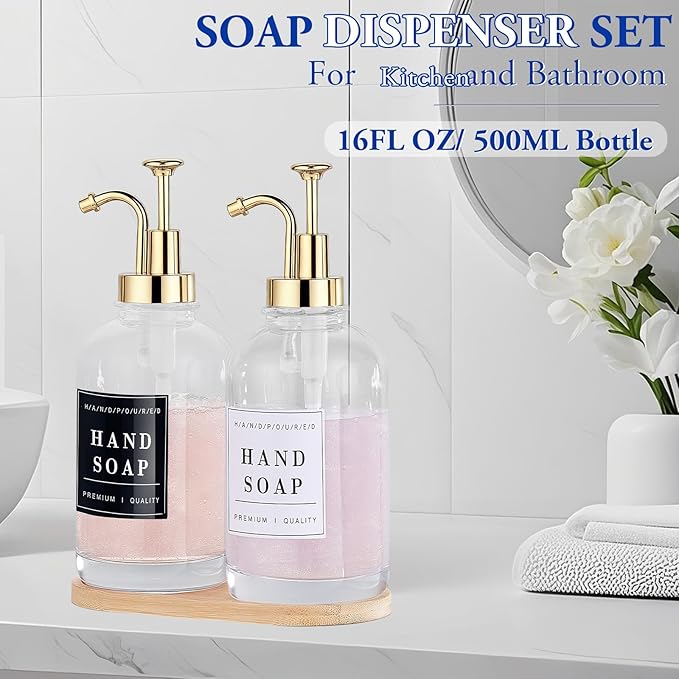 Glass Soap Dispenser with Pump,Tray,Funnel, Countertop Soap and Lotion Dispenser Set of 2 with 60 Stickers, Dish and Hand Soap Dispenser Bottle for Kitchen,Bathroom,Shower,500ml/16.9oz