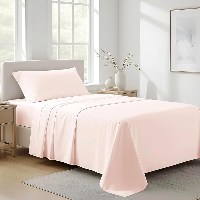 100% Organic Cotton Sheets Twin XL Size - Organic Cotton Twin XL Size Percale Weave Sheet Set (3 PC, Blush), Soft, Cooling, Crisp & Breathable, 16" Deep Pocket Hotel Bedding Set