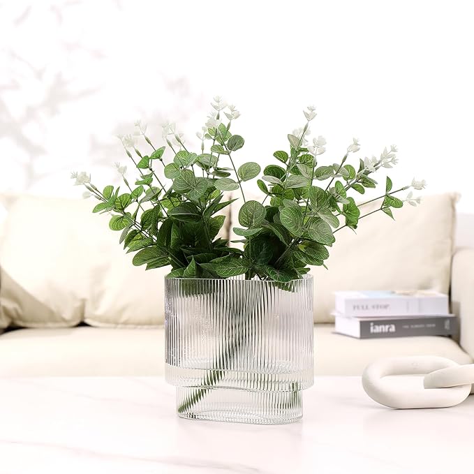 Ribbed Vase, Fluted Glass Vase for Flowers, Clear Flower Vases for Tulips, Modern Vases for Living Room, Dining Table, Office, Bedroom, Mantle, Shelf, Wedding, 7 Inch