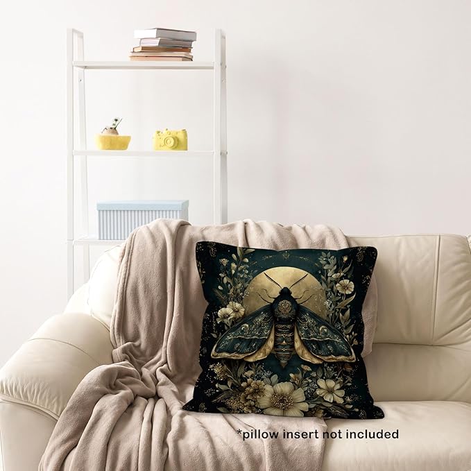 Gothic Moth Throw Pillow Cover Gifts 18x18, Vintage Dark Cottagecore Decor Pillow Cases for Bedroom Living Room, Moody Floral Botanical Decorative Square Pillowcases for Couch Bed Sofa