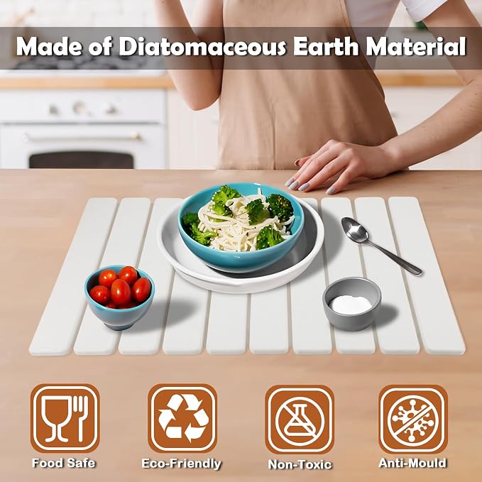 Large Stone Dish Drying Mat for Kitchen Counter, 24"(L)x16"(W) Quick Dry Eco-Friendly Collapsible Absorbent Diatomaceous Earth Mats for Dishes Bottles Cups, Match Any Countertop