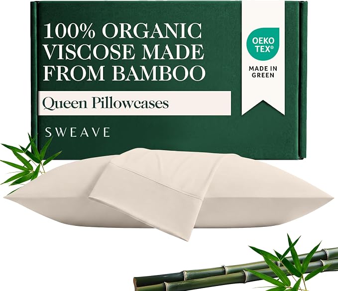 100% Organically Grown Bamboo Viscose Queen Pillowcases Set of 2, Cooling & Breathable, Silky Soft, Double-Stitched with 7-Inch Envelope Flap, Skin Friendly 2 Pcs, Ivory