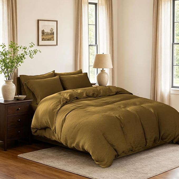 S VICTORY SYMBOL 100% Organic Linen Duvet Cover King Set,Natural French Washed Flax Comforter Cover(1 Duvet Cover and 2 Pillowcases) with Button Closure,3Pcs Bedding Set,Ecru Olive