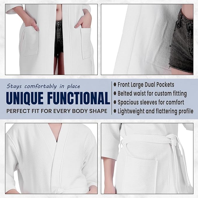 ALLEN & MATE 100% Cotton Women's Short Robe Dual Fabric Waffle Outside & Terry Towel Inside Kimono Bathrobe Medium Weight