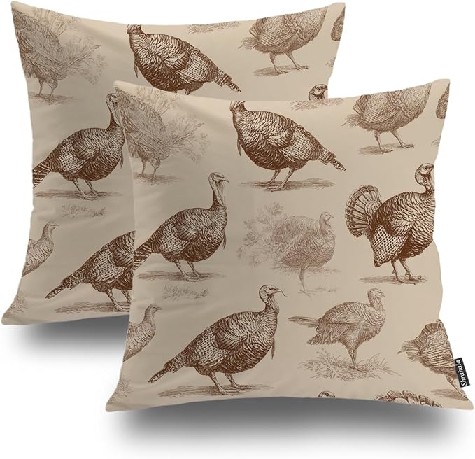Shrahala Wild Turkeys Decorative Couch Cover, Vintage Turkey Illustration Square Throw Pillows Blended Double-Sided No Inserts for Bedroom Living Room Set of 2 (18 x 18 in)