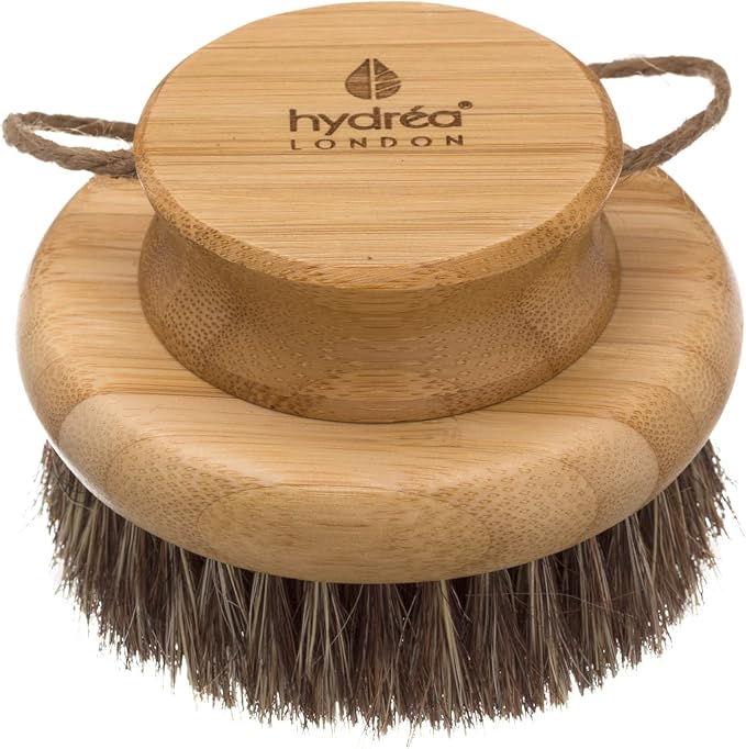 Hydréa London Round Natural Body Brush with Mane/Cactus Bristle for Dry Brushing to Exfoliate, Remove Dead Skin, Cellulite and Aid Lymphatic Drainage.