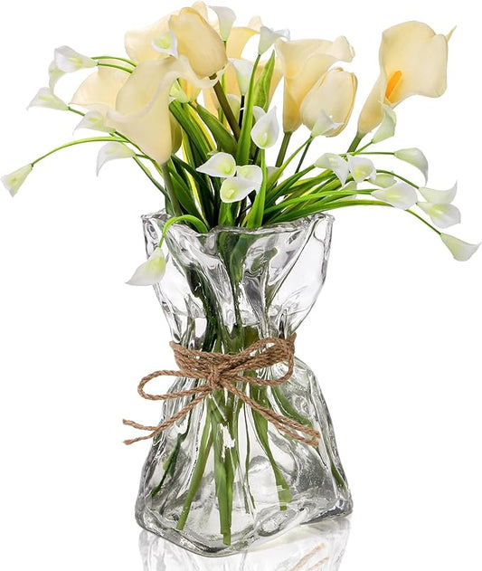 Covzoe Glass Vase, 8.7 Inch Tall Irregular Shaped Flower Vase with Hemp Rope, Clear Art Decorative Vases for Table Centerpiece, Modern Bouquet Vases for Home Office Wedding Housewarming Gift