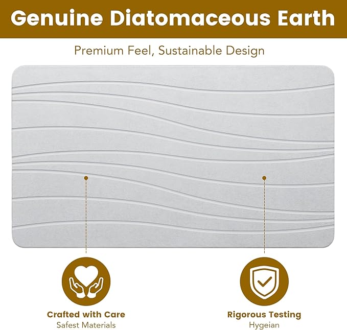 Extra Large Stone Bath Mat, 30'' x 17'' Diatomaceous Earth Non-Slip Stone Shower Mat, Super Absorbent Diatomite Stone Mats for Bathroom Light Gray XL Flow