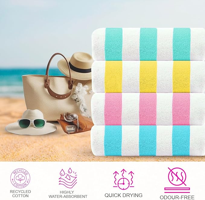 CASA COPENHAGEN Cabana Beach Towel Designed in Denmark Rough and Tough, Quick Dry, Beach, Pool, Bath & Shower 30x60 inches 4 Pieces Cotton Beach Bath Towels Set - Teal, Lemon, Pink, Water Blue