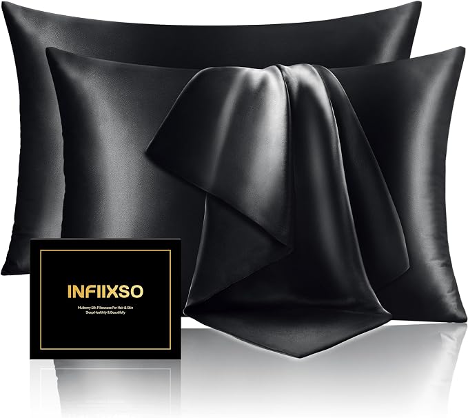 INFIIXSO Silk Pillow Cases 2 Pack Standard Size, Ultra Smooth & Soft Mulberry Silk Pillow Case for Hair and Skin, Breathable Cooling Silk Pillowcase with Hidden Zipper (Black, 20x26 Inches)
