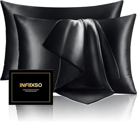 INFIIXSO Silk Pillow Cases 2 Pack Standard Size, Ultra Smooth & Soft Mulberry Silk Pillow Case for Hair and Skin, Breathable Cooling Silk Pillowcase with Hidden Zipper (Black, 20x26 Inches)