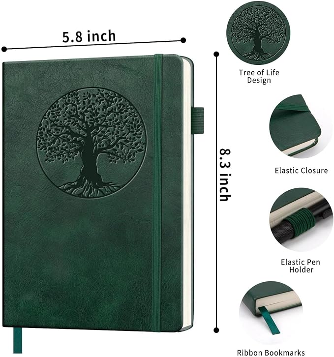 Lined Journal Notebook, A5 Leather Vintage Journals for Writing, 256 Pages College Ruled Notepad for Women Men, Vegan Leather Daily Notebook for Work, School, Travel, Note Taking(Tree of Life, Green)