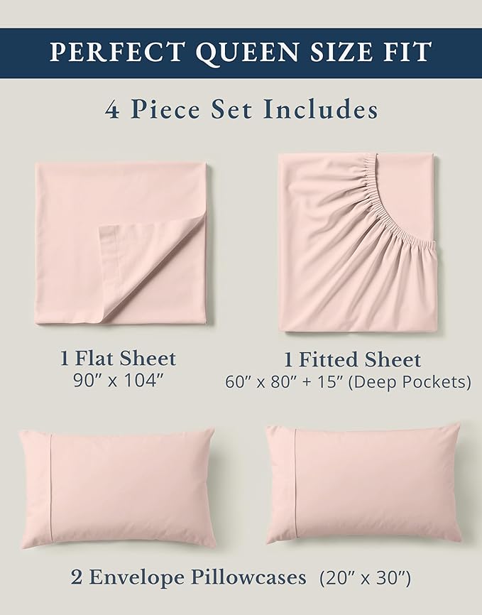 LANE LINEN Eco Friendly 100% Organic Cotton Sheets Queen Size, Mercerized Cotton Fully Elasticized Reinforced Seams Low Pill Fade Resistant Hotel Luxury Bed Sheets Set- Dusty Rose