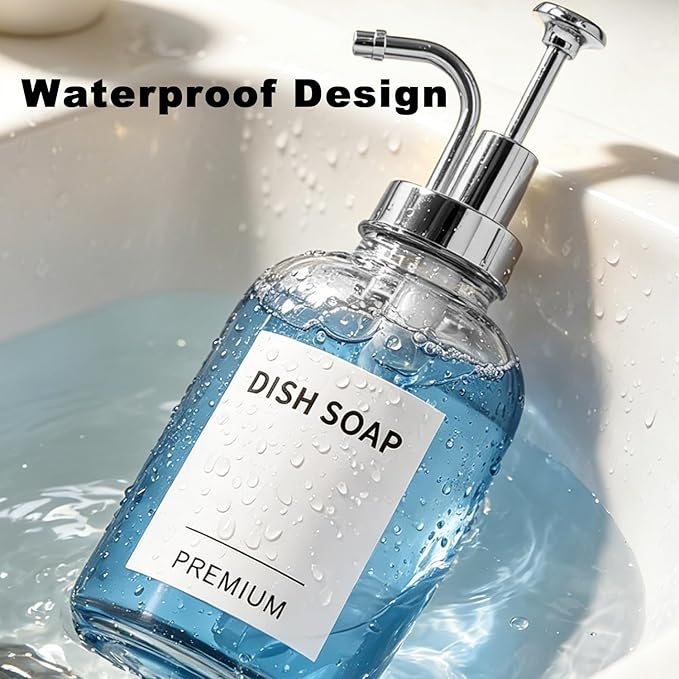 12oz Dish Soap Dispenser for Kitchen, Hand Glass Soap Dispenser Set with Pump, Tray, Funnel for Bathroom, Shower, Laundry, Liquid, Lotion (Silver 2 Pack Clear Bottles with 12 Stickers)
