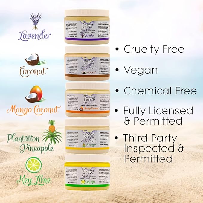 The Keys Salt Scrub -Sea Salt Scrub - Exfoliating Body Scrub with Wooden Spoon - Moisturizing Exfoliator for Hands, Foot, Bath, (3.4 Ounce (Pack of 3), Pineapple)