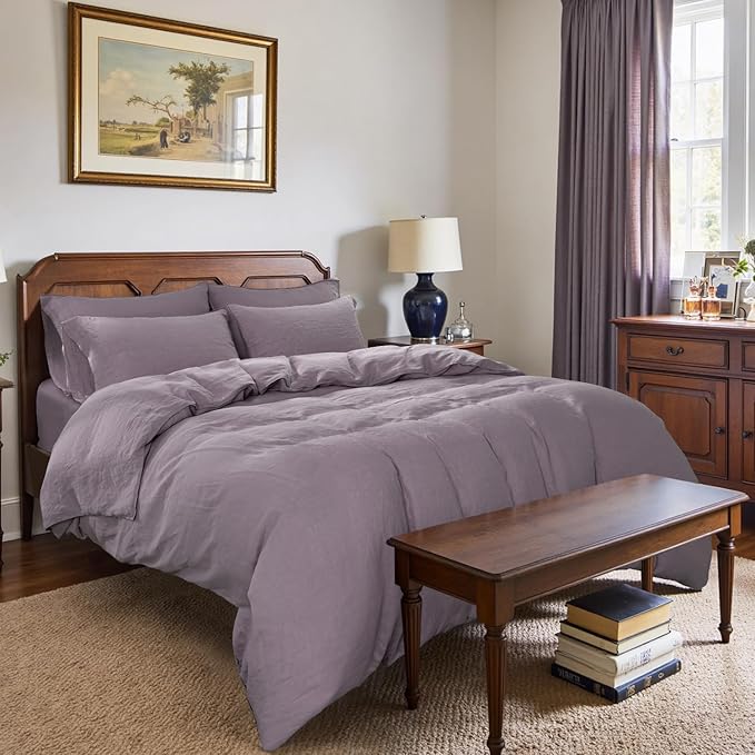 S VICTORY SYMBOL 100% Organic Linen Duvet Cover Set 3 Pieces,Pure Natural French Flax Bedding Set,1 Comforter Cover and 2 Pillowcases,Solid Color Bedding Full Size(Dusty Purple)