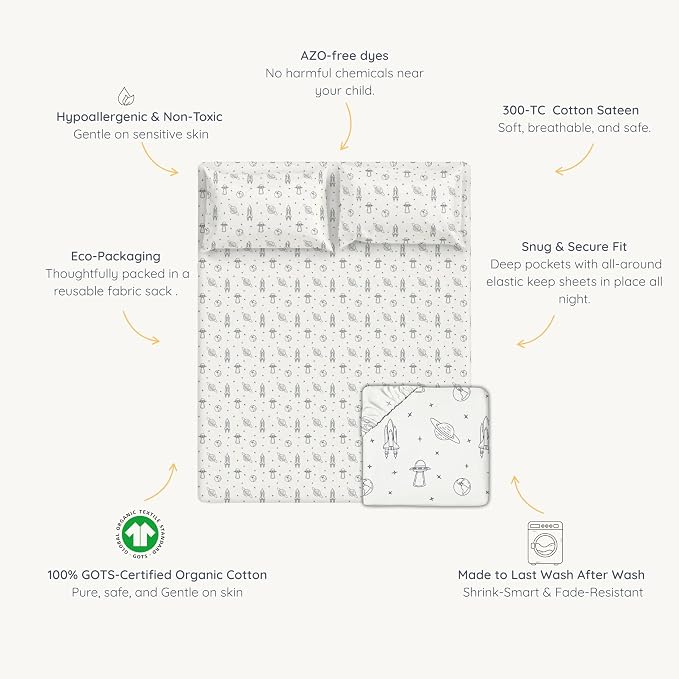 MakeMake Organics Organic Full Fitted Sheet Set GOTS Certified Organic Cotton Fitted Sheet with Pillowcase Ultra Soft Non Toxic Breathable Hypoallergenic Outer Space Celestial (Full, Astronaut)