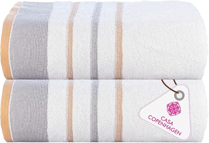 CASA COPENHAGEN White Bay 2Pcs 100% Egyptian Cotton Large Designer Bathsheet Towels Gift Set- Grey - Beige, 600GSM, 35"x70" 2Bath Sheet Towels for Bathroom (Gift Set for Women & Men)