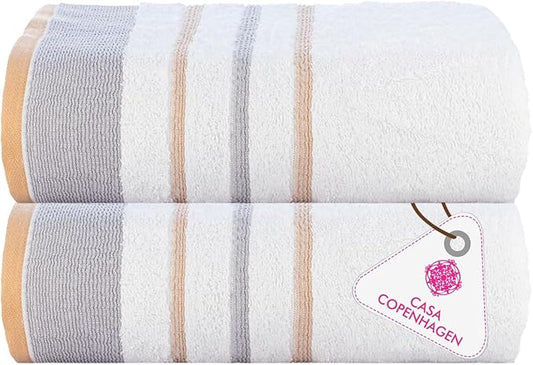 CASA COPENHAGEN White Bay 2Pcs 100% Egyptian Cotton Large Designer Bathsheet Towels Gift Set- Grey - Beige, 600GSM, 35"x70" 2Bath Sheet Towels for Bathroom (Gift Set for Women & Men)