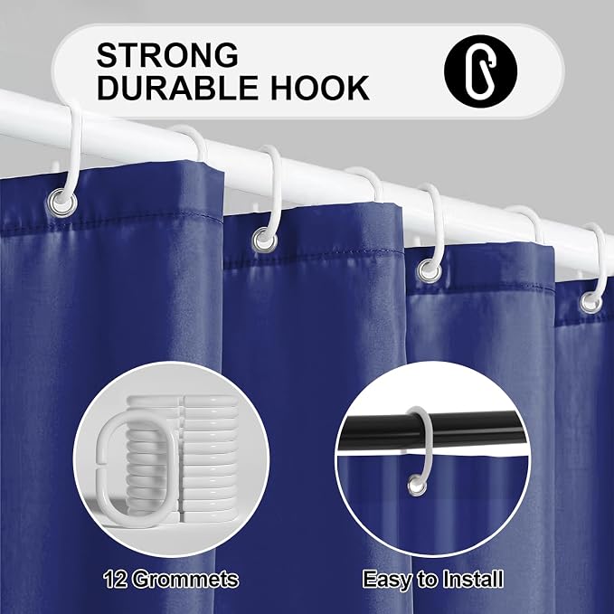 timecity Dark Blue Shower Curtain Liner PEVA Bath Curtain with 3 Magnets Thickened Waterproof Quick Drying Shower Curtain Set with 12 White Plastic Hooks Shower Liner for Bathroom Shower,71x71inch